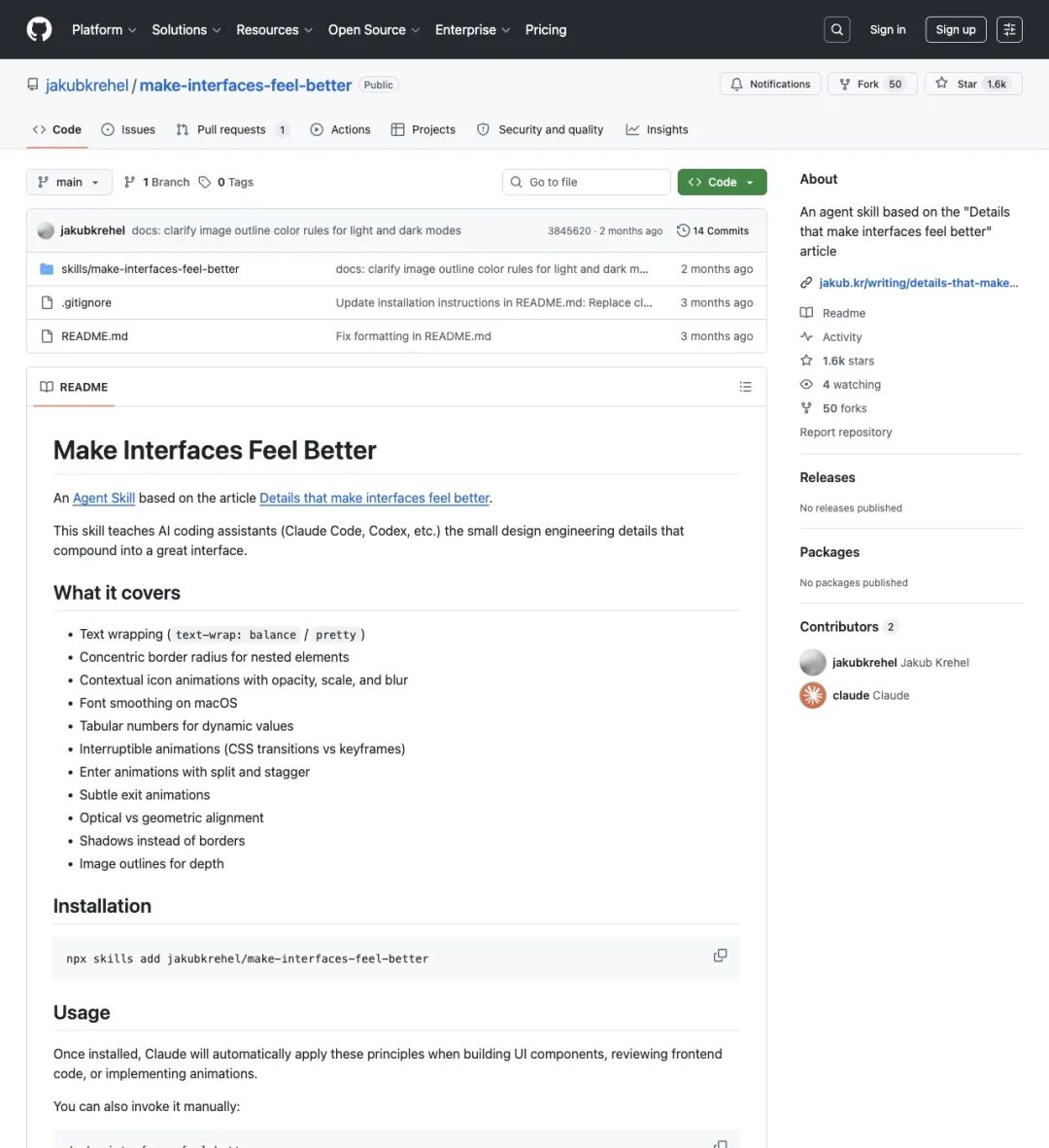 Jakub Krehel 的 GitHub 仓库主页,1.5k+ stars