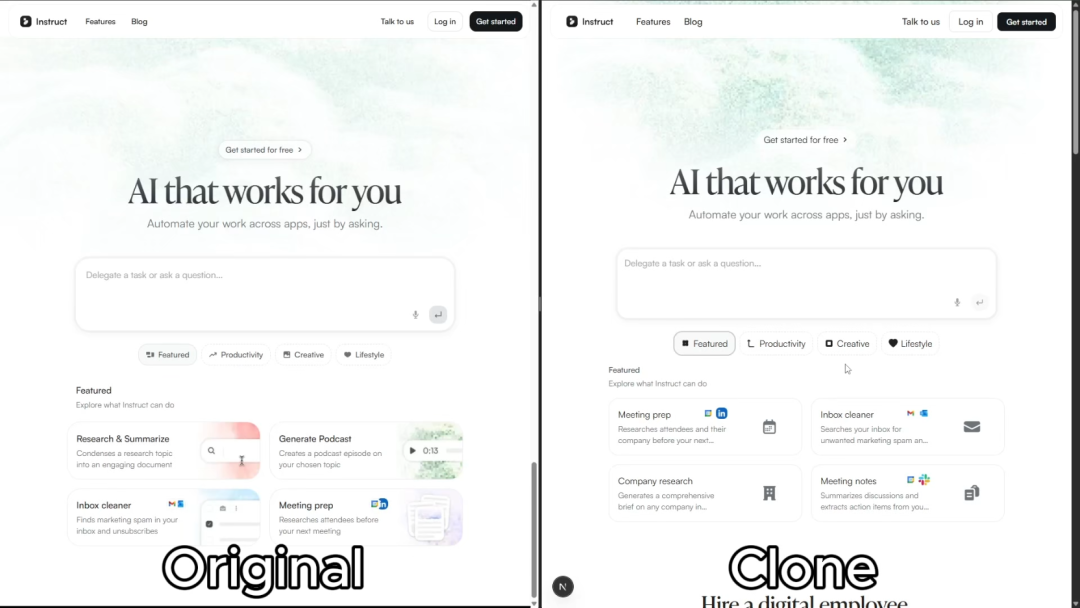 README demo 对比图,展示作者用来说明克隆效果的 before/after 视觉