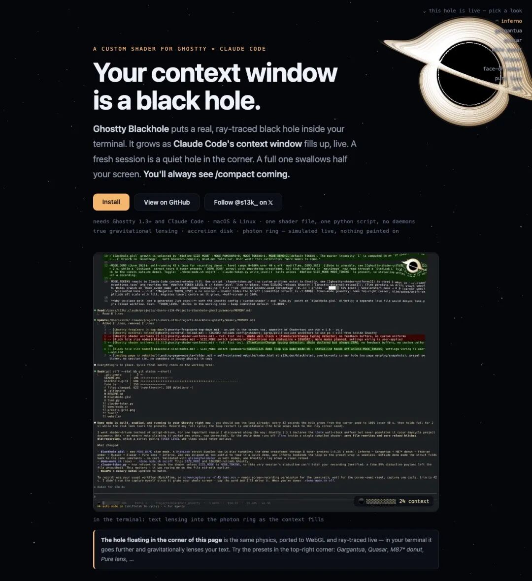 项目官方落地页:the hole is your context window's fill level, made ambient