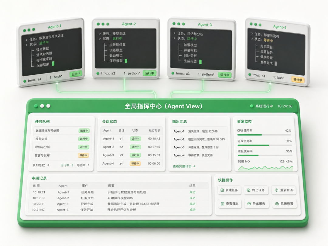 tmux + Agent View 工作站架构图:3D 粘土风格的可视化分屏布局