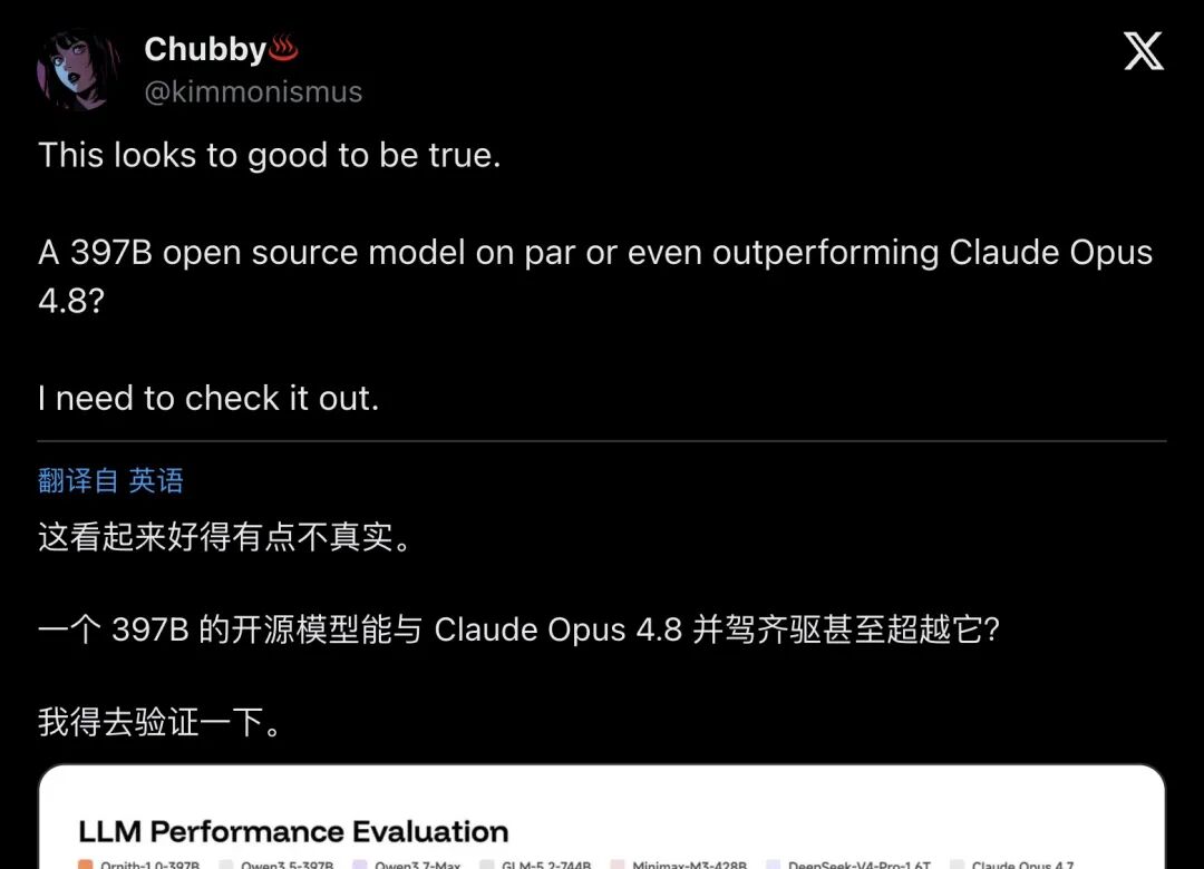 Chubby的怀疑帖:1270赞、15.7万浏览,引用Ornith主帖并质疑397B开源能否追平Opus 4.8(分段1)