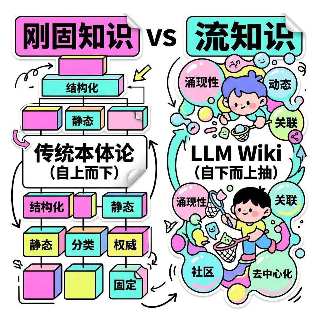 图:刚固知识 (本体论) vs 流动知识 (LLM Wiki) 的核心差异