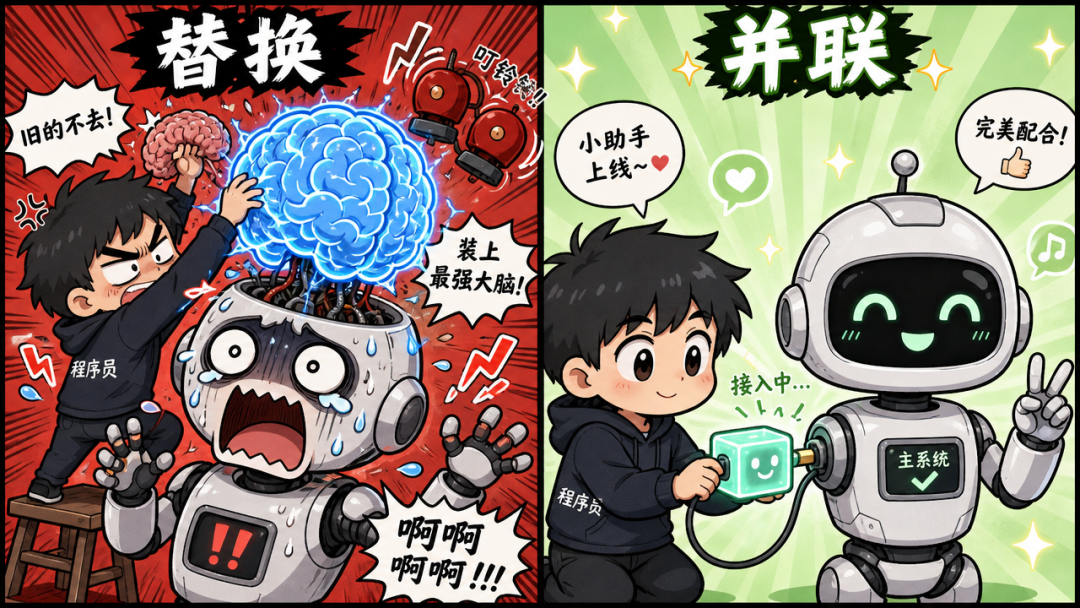 替换 vs 并联:两种接入策略的漫画对比