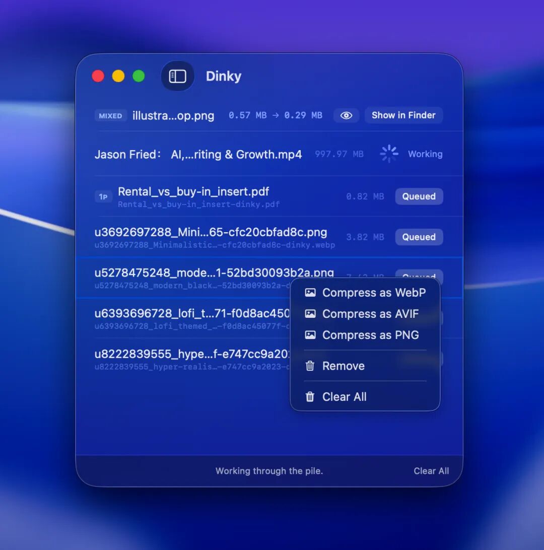 Dinky results list with batch processing and right-click format menu