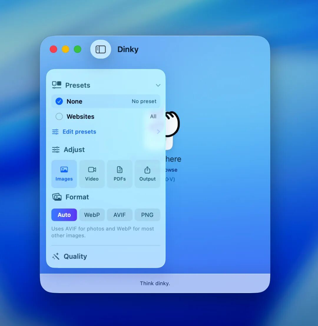 Dinky sidebar with presets, type tabs, and format picker