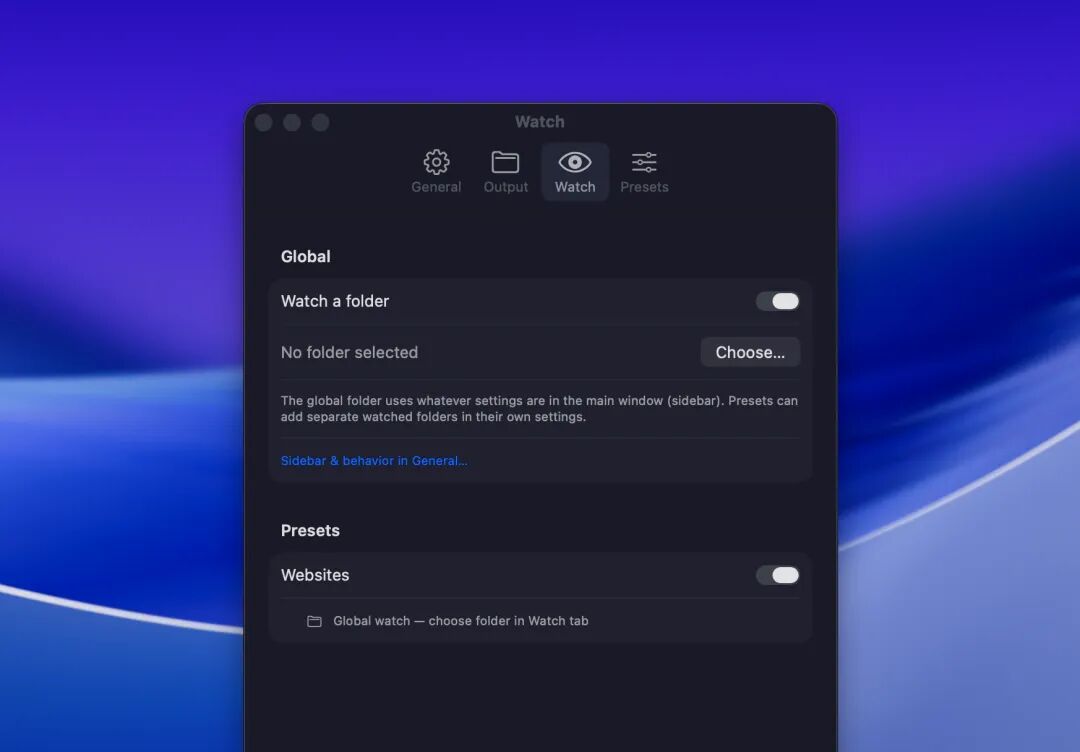 Dinky watch folder settings: global watch and per-preset watch folders