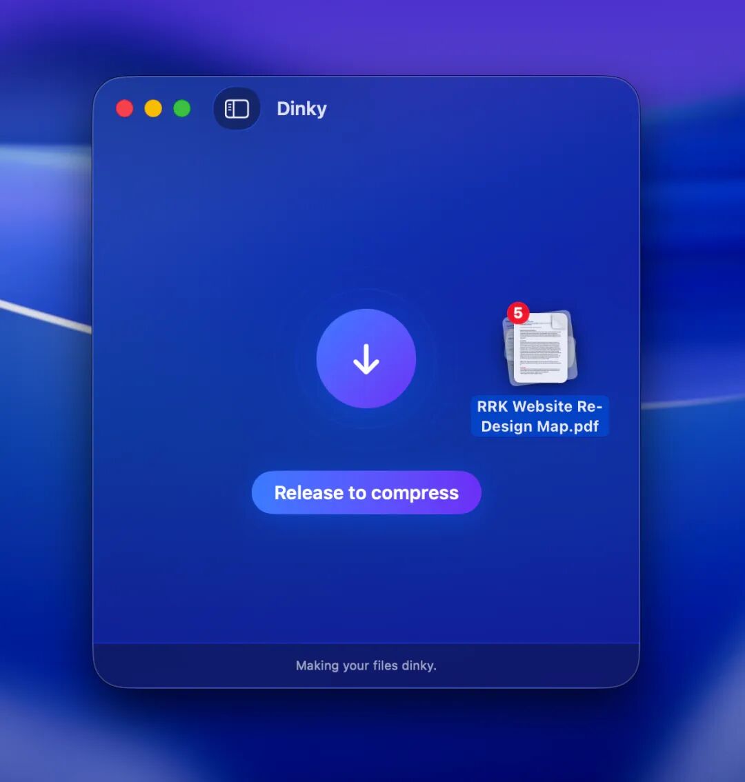 Dinky drop zone with a file being dragged in — Release to compress